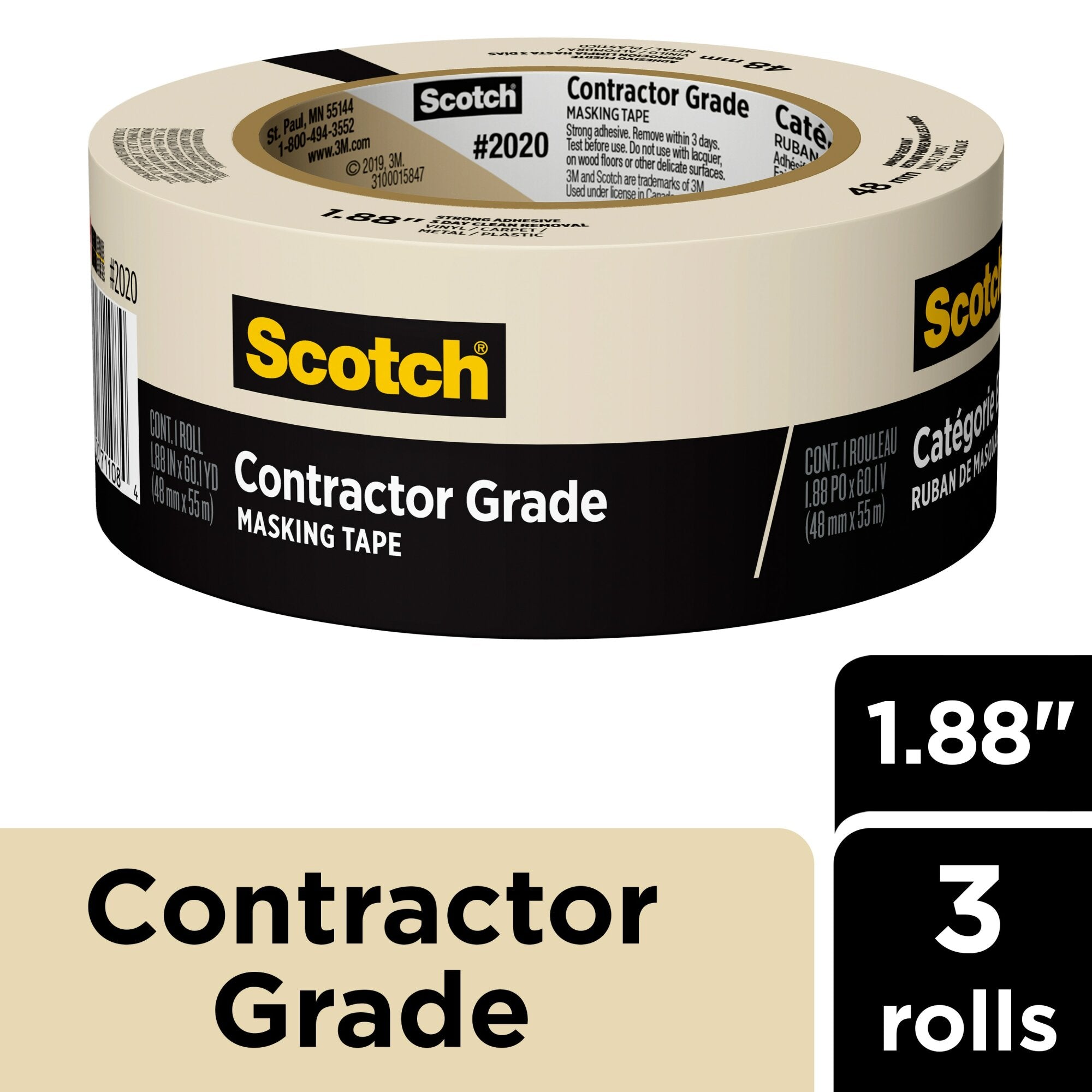 Scotch® Contractor Grade Masking Tape 2020-48EP3, 1.88 in x 60.1 yd(48mm x 55m) on Sale