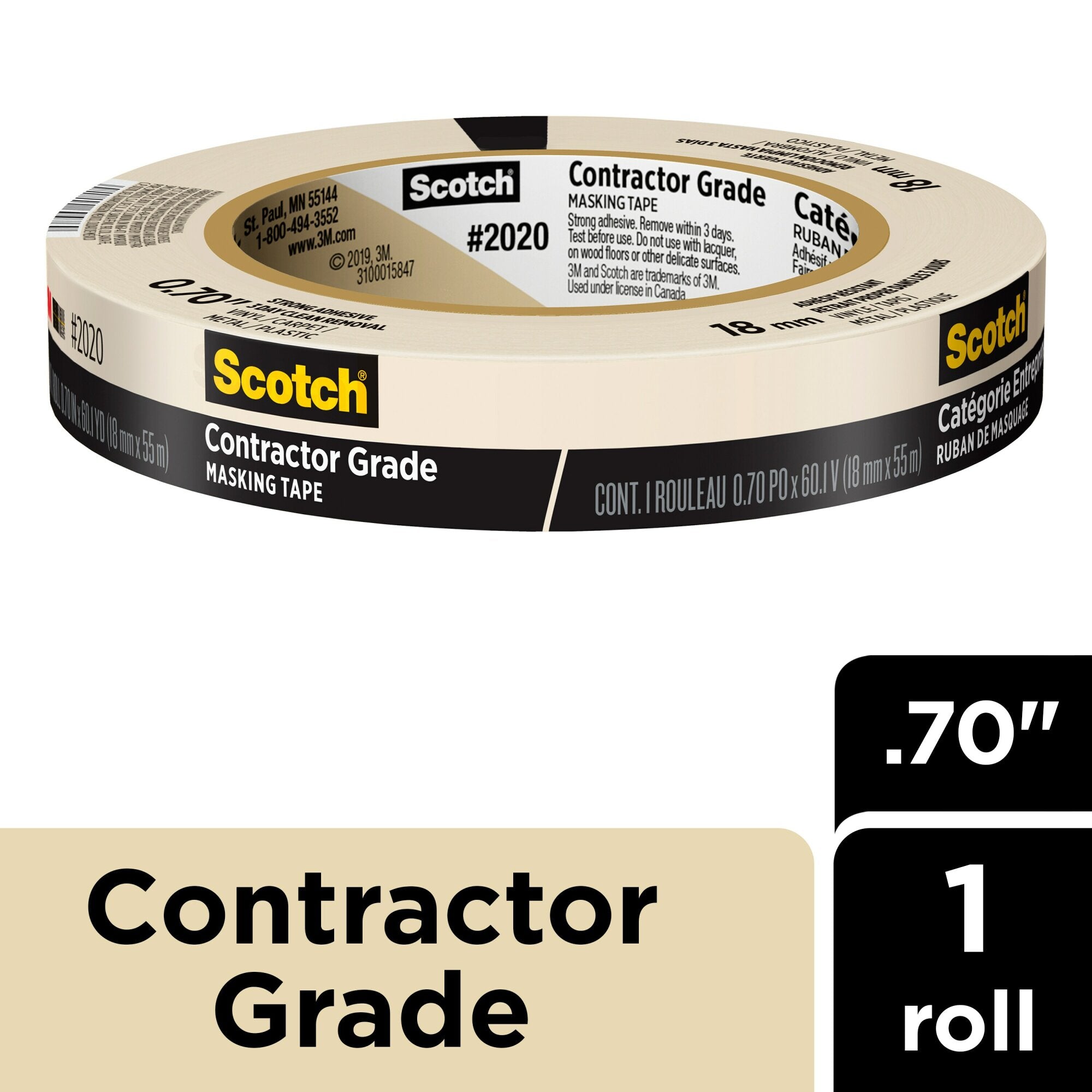 Scotch® Contractor Grade Masking Tape 2020-18AP, 0.70 in x 60.1 yd (18mmx 55m) Online Sale
