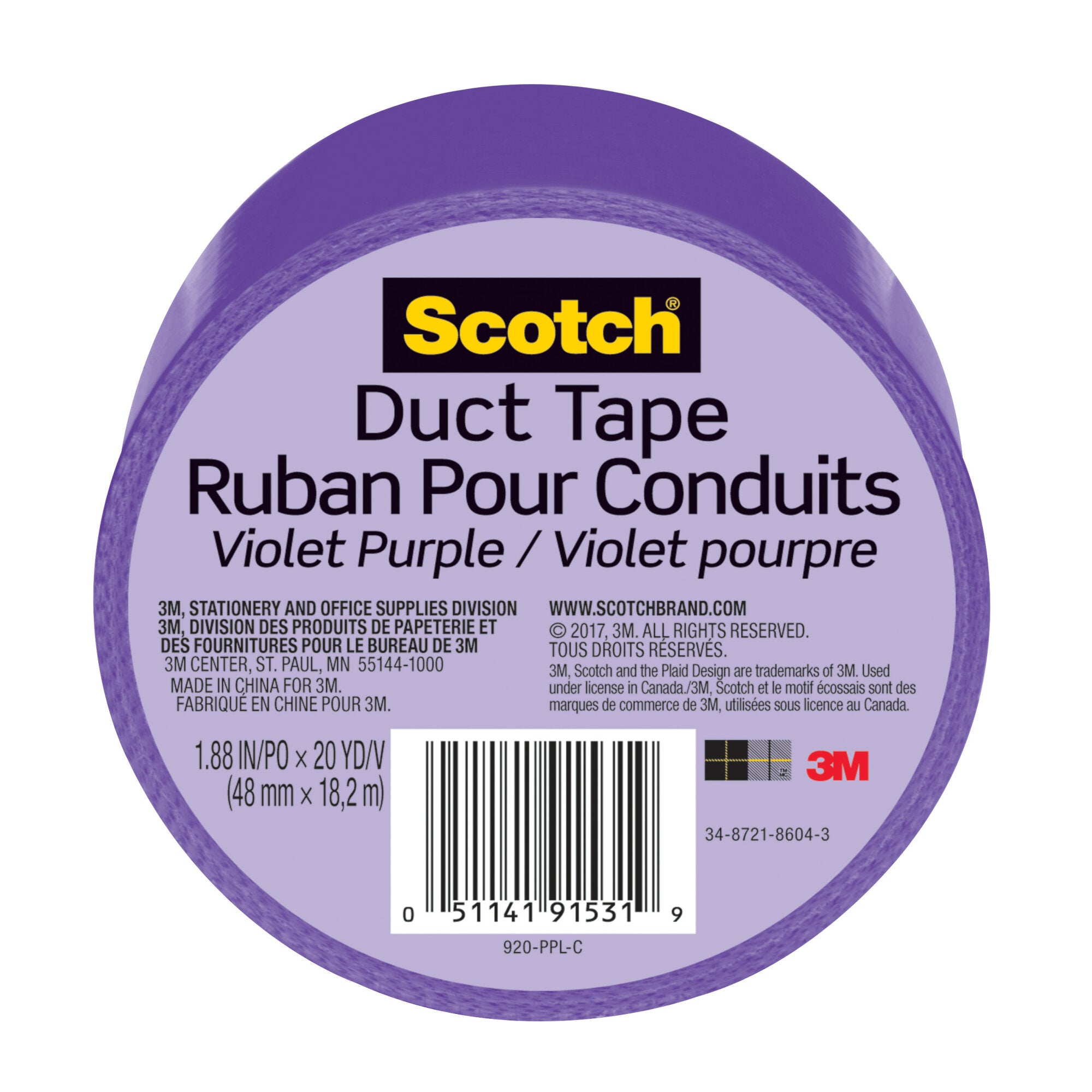 Scotch® Duct Tape 920-PPL-C, 1.88 in x 20 yd (48 mm x 18,2 m), Purple Fashion