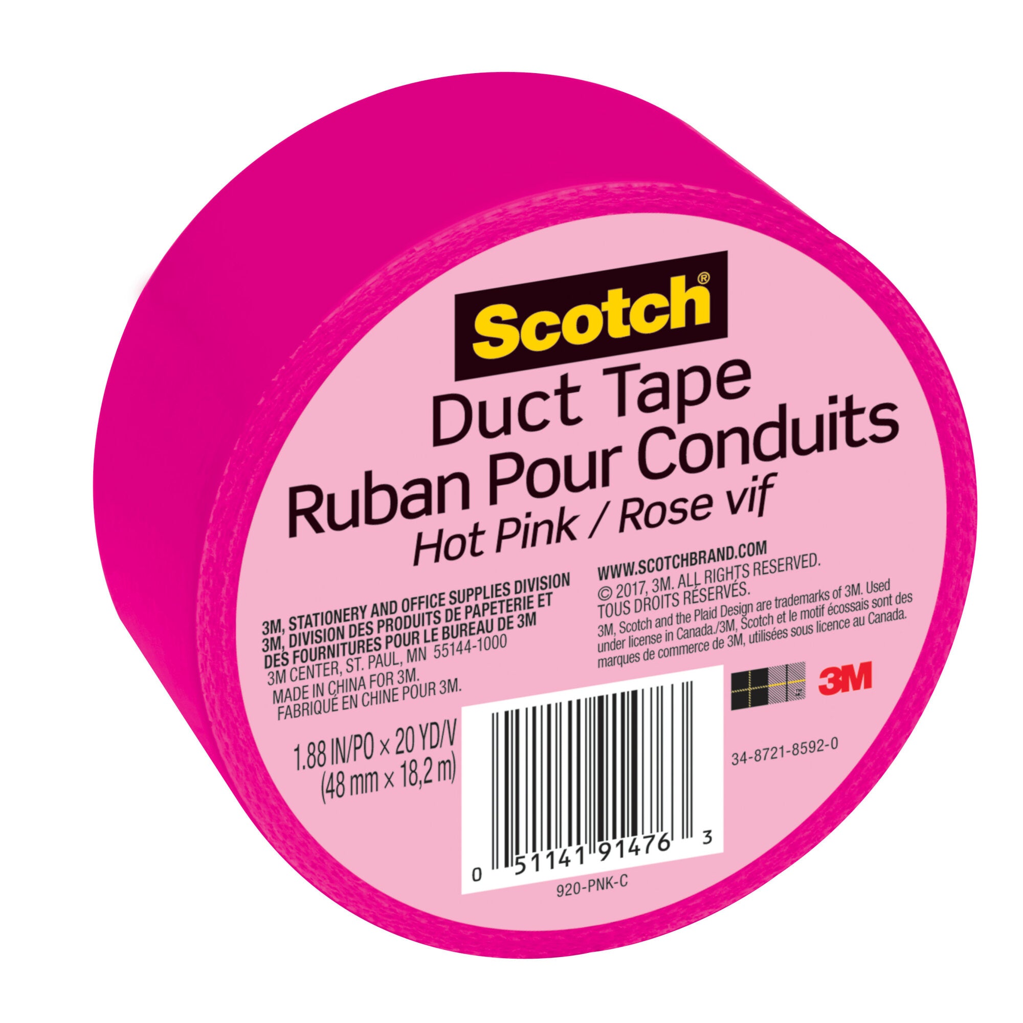 Scotch® Duct Tape 920-PNK-C, 1.88 in x 20 yd (48 mm x 18,2 m), Pink