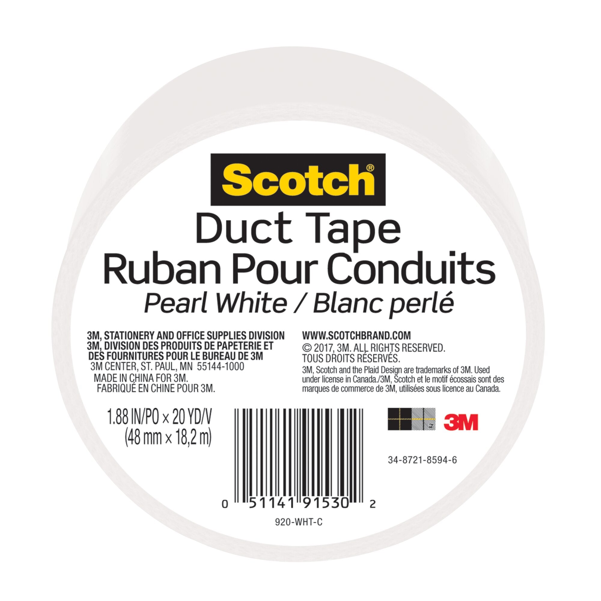 Scotch® Duct Tape 920-WHT-C, 1.88 in x 20 yd (48 mm x 18,2 m), White Online