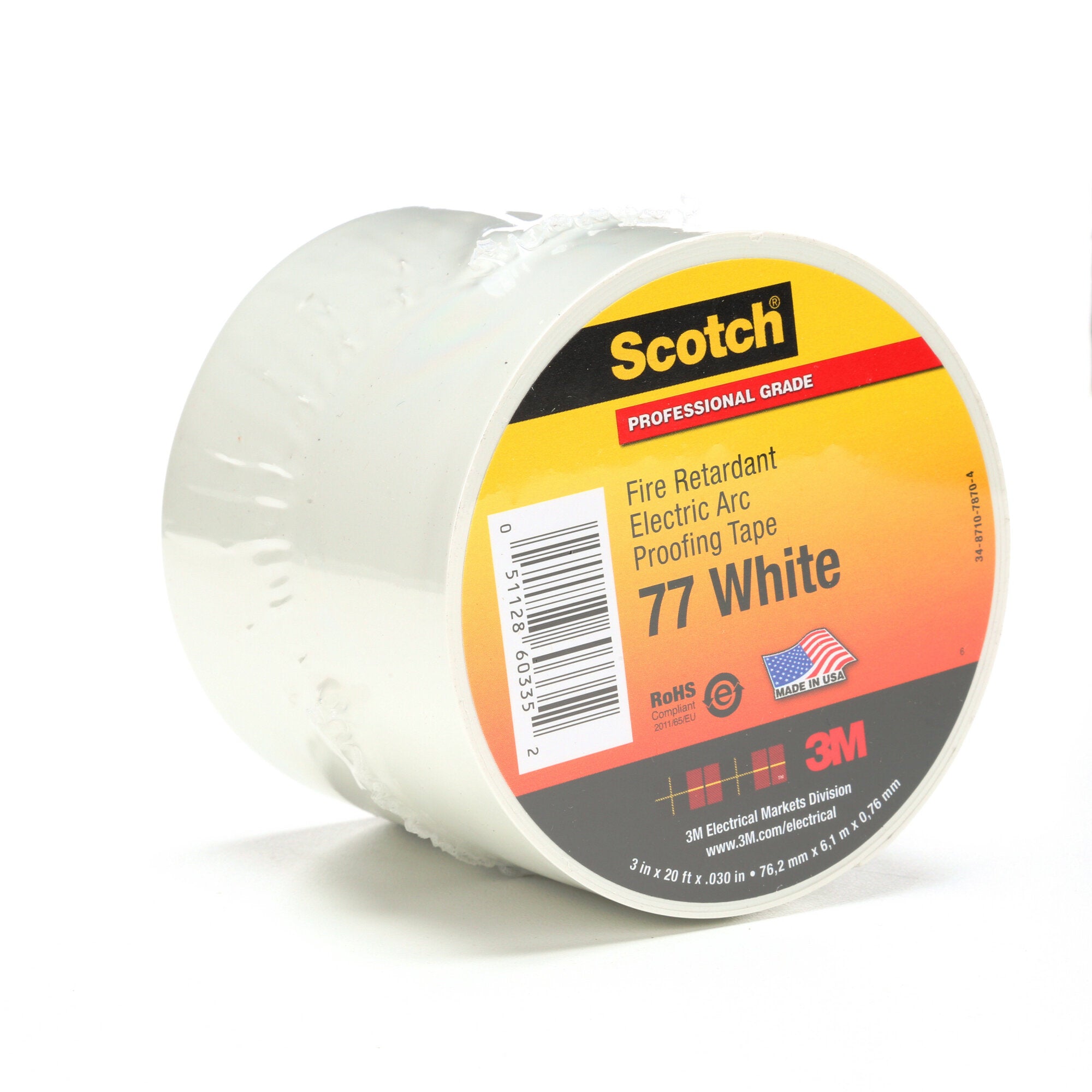 Scotch® Fire-Retardant Electric Arc Proofing Tape 77W, 3 in x 20 ft,White/Gray