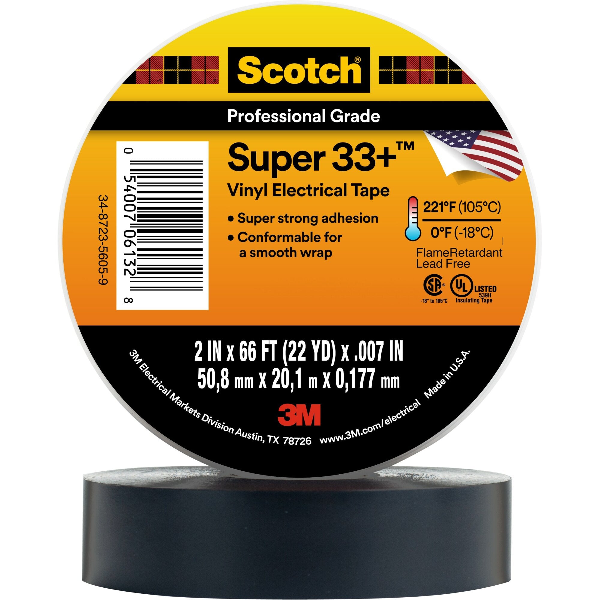 Scotch® Super 33+ Vinyl Electrical Tape, 2 in x 66 ft, 1-1/2 in Core,Black Sale