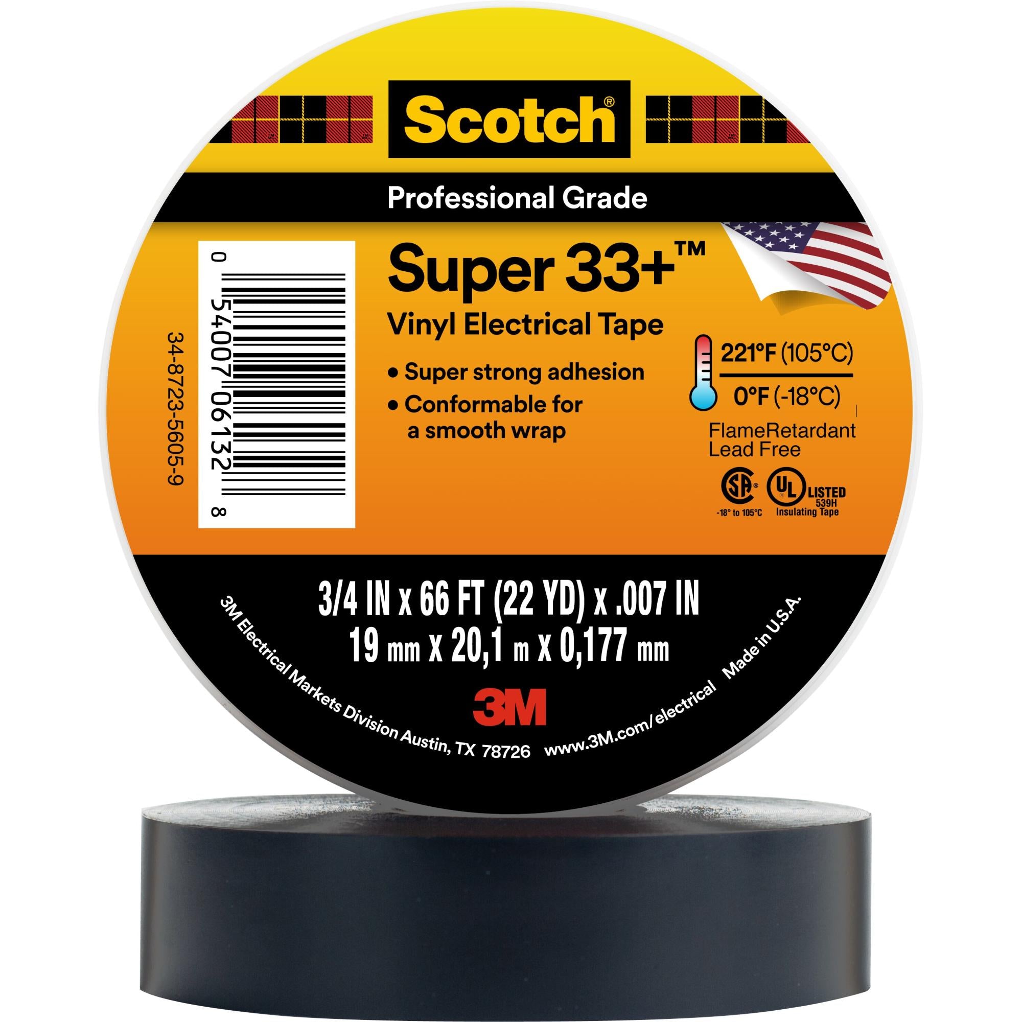 Scotch® Super 33+ Vinyl Electrical Tape, 3/4 in x 66 ft, Black