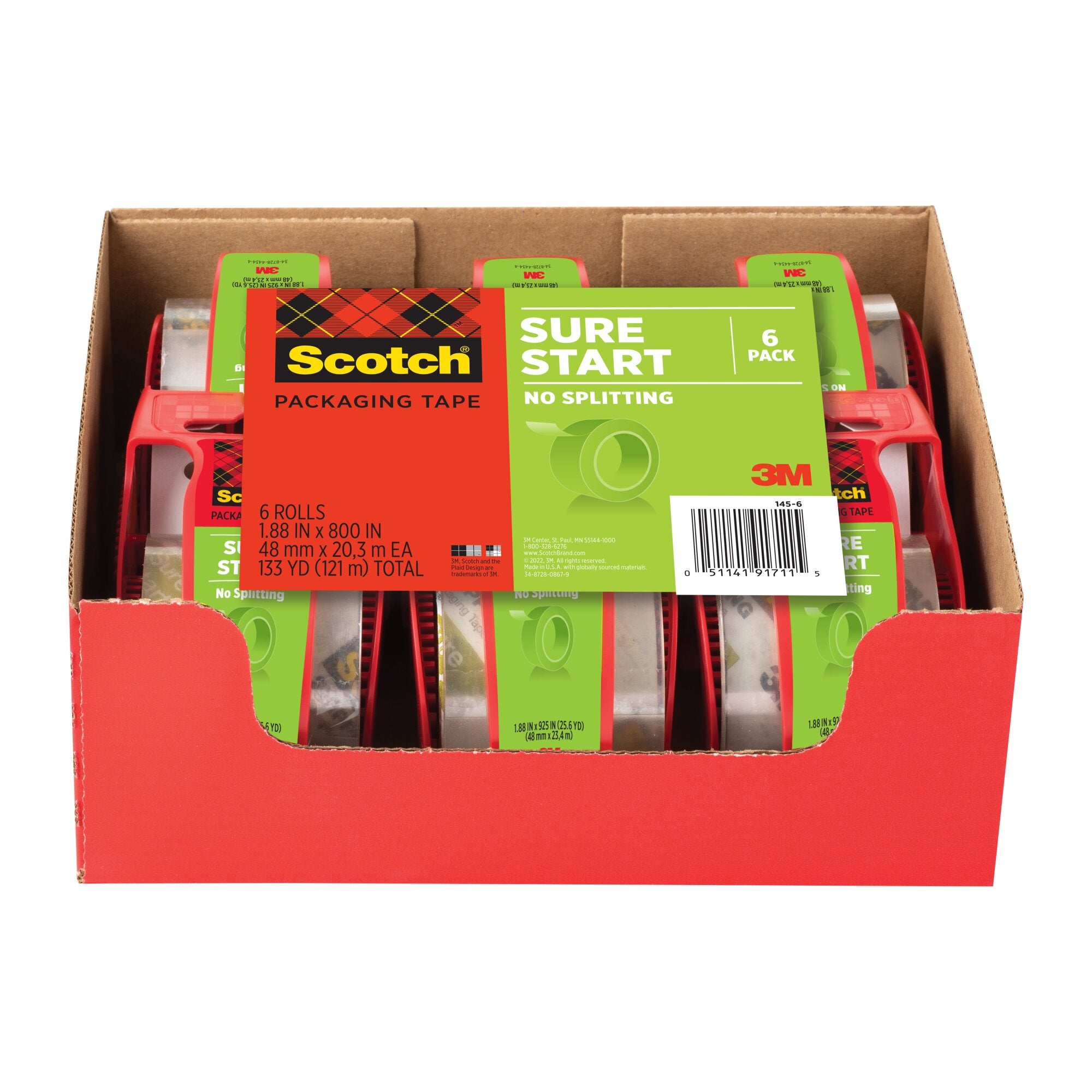 Scotch® Sure Start Shipping Packaging Tape 145-6, 1.88 in x 800 in on Sale