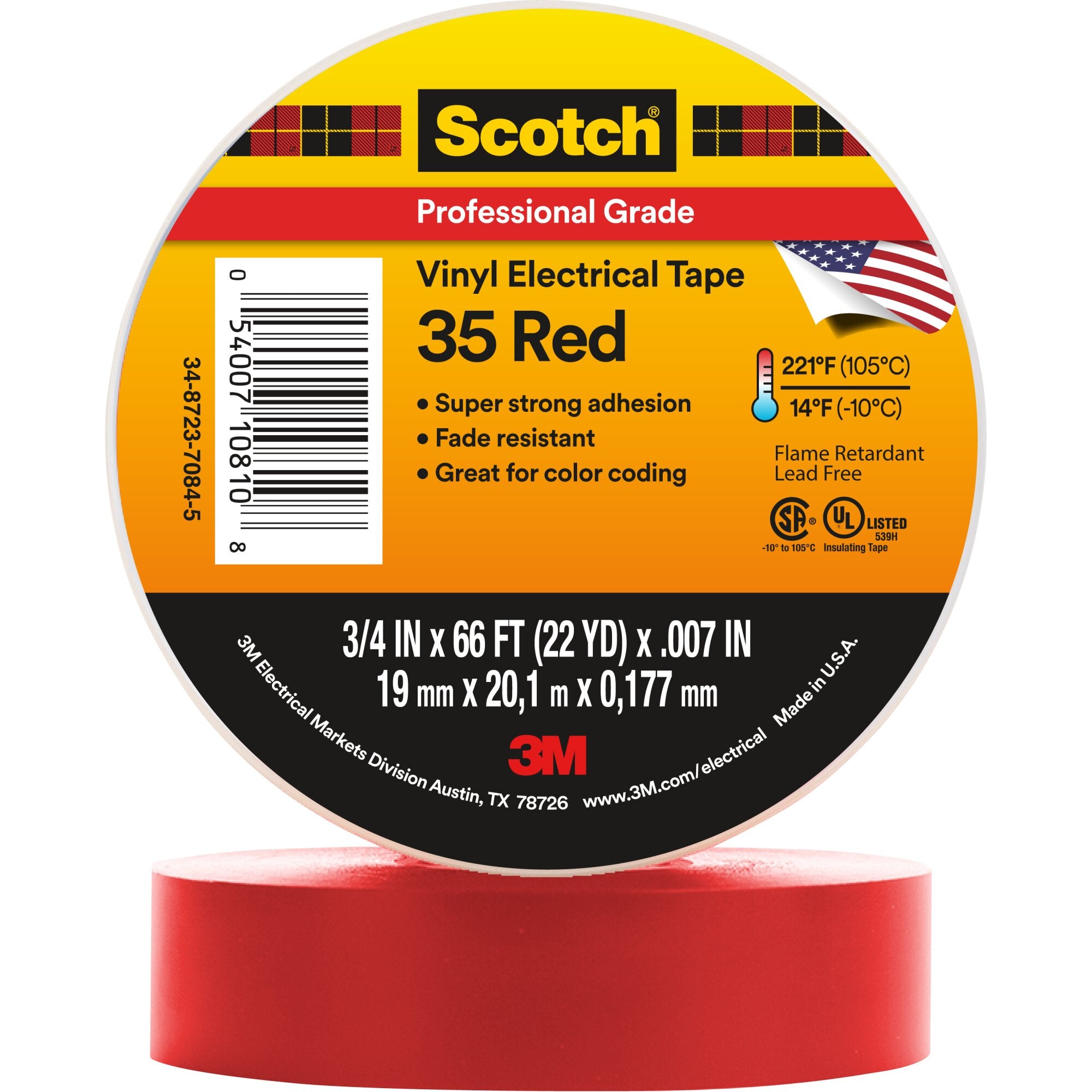 Scotch® Vinyl Color Coding Electrical Tape 35, 3/4 in x 66 ft, Red Supply