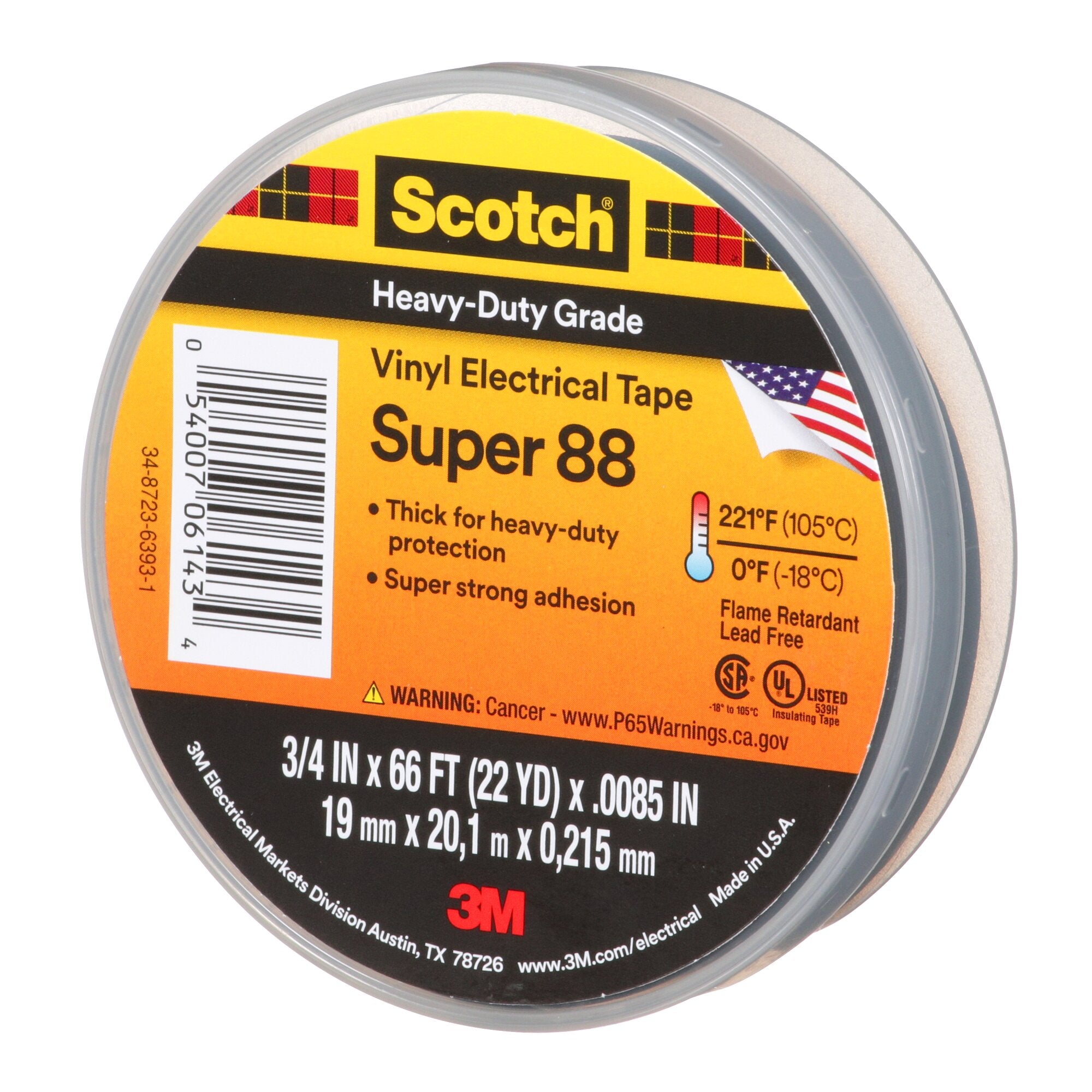 Scotch® Vinyl Electrical Tape Super 88, 3/4 in x 66 ft, Black, 10rolls/carton Supply
