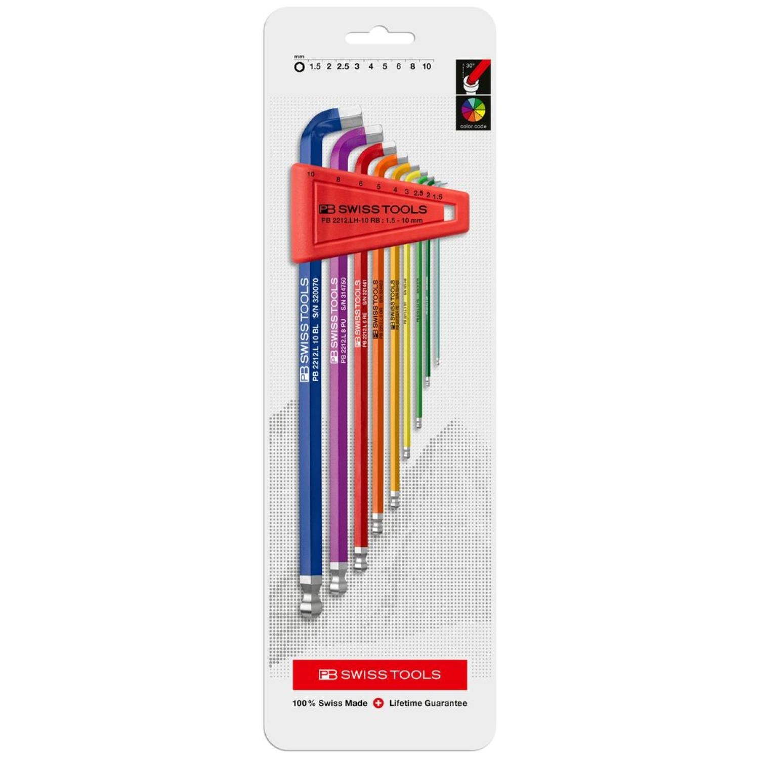 PB Swiss Tools PB 2212.LH-10 RB CN RainBow Key L-Wrenches Long, 1.5mm to 10mm