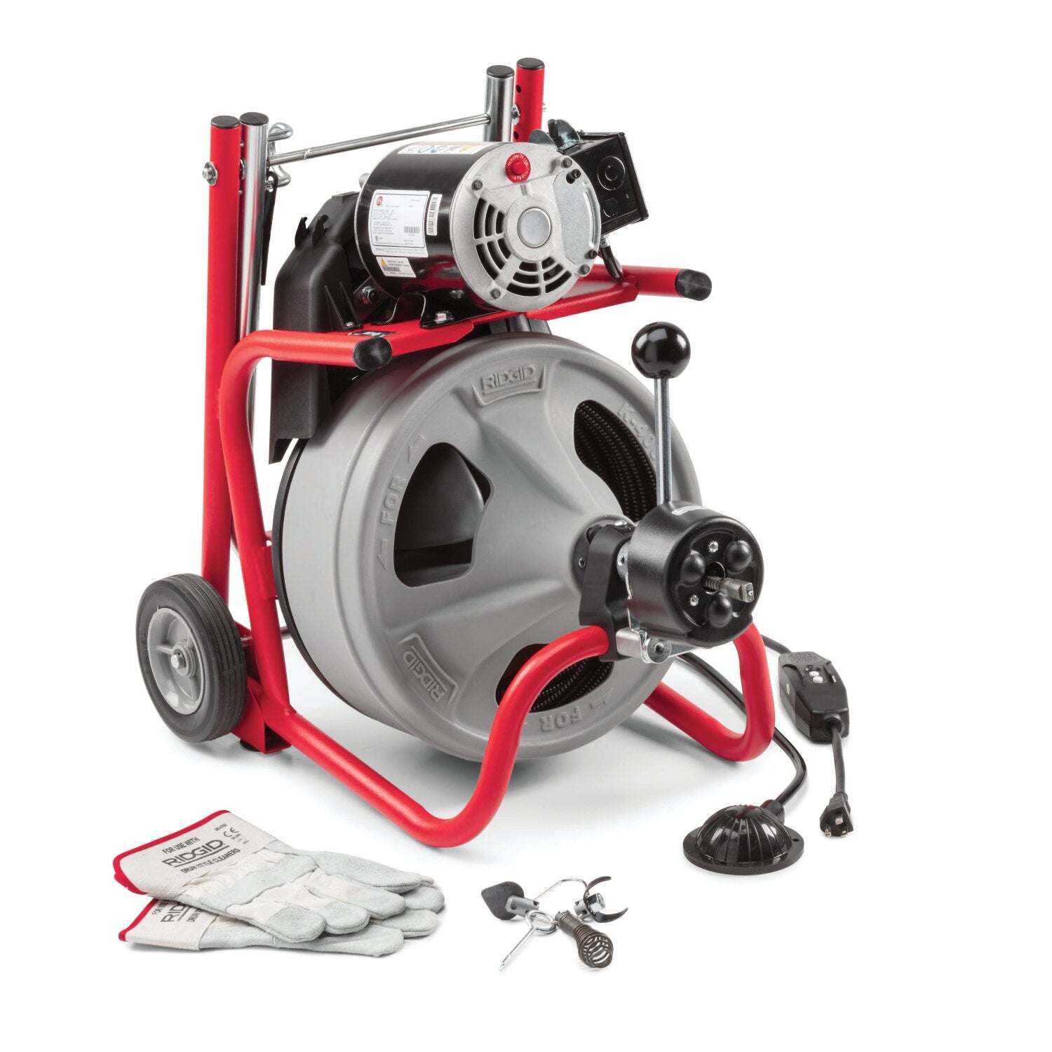 Ridgid 27013 K-400 Machine with Gloves & Std. Equipment: AUTOFEED, C-45 IW 1/2″ x 75′ (12 mm x 23 m) Solid Core (Integral Wound) Cable, T-260 Tool Set on Sale
