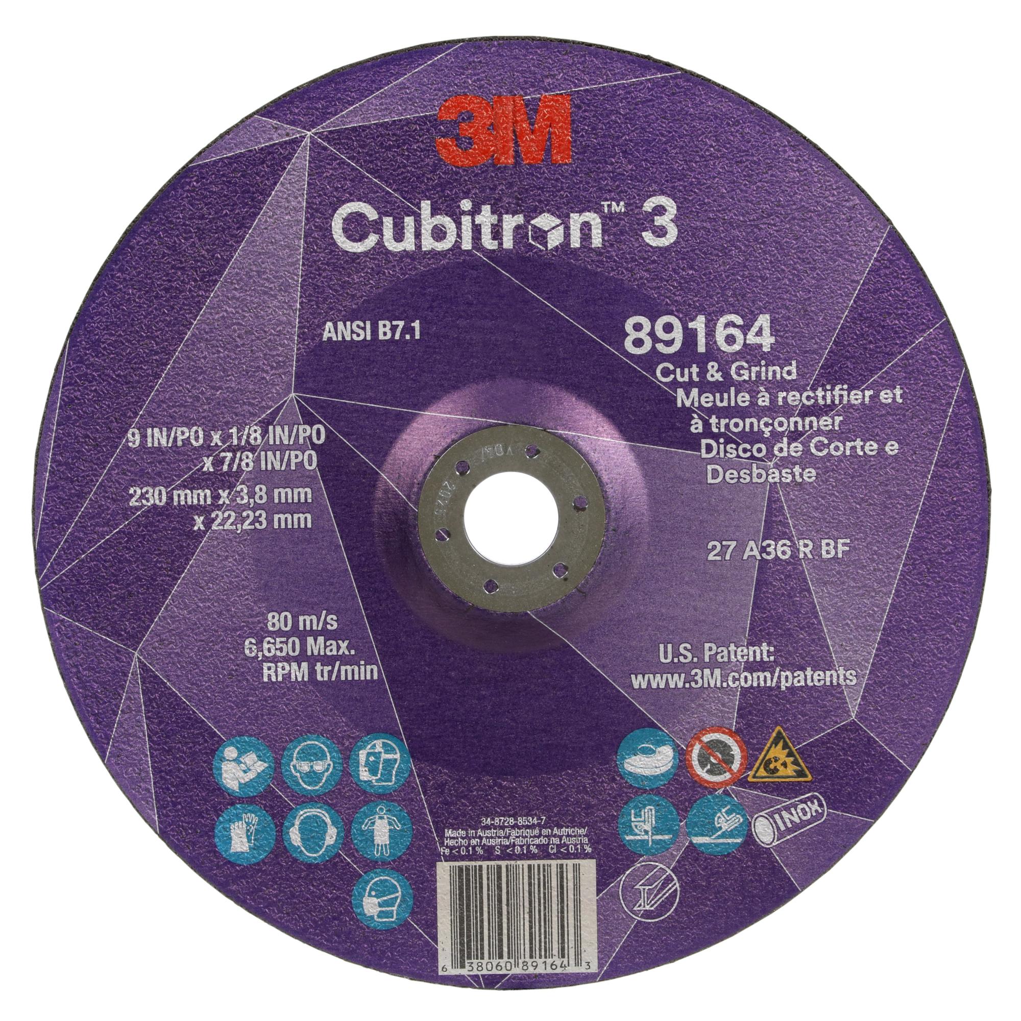 3M Cubitron 3 Cut and Grind Wheel, 89164, 36+, T27, 9 in x 1/8 in x7/8 in