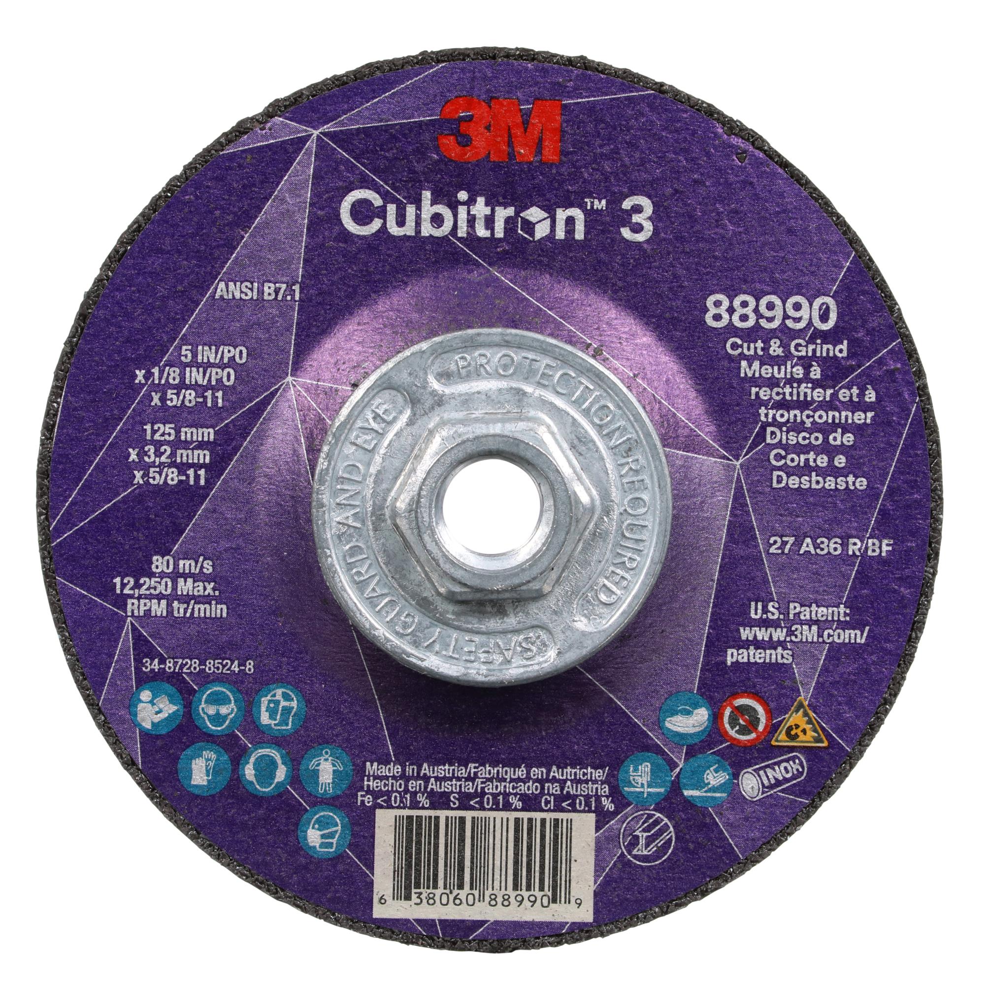 3M Cubitron 3 Cut and Grind Wheel, 88990, 36+, T27, 5 in x 1/8 in x5/8 in-11