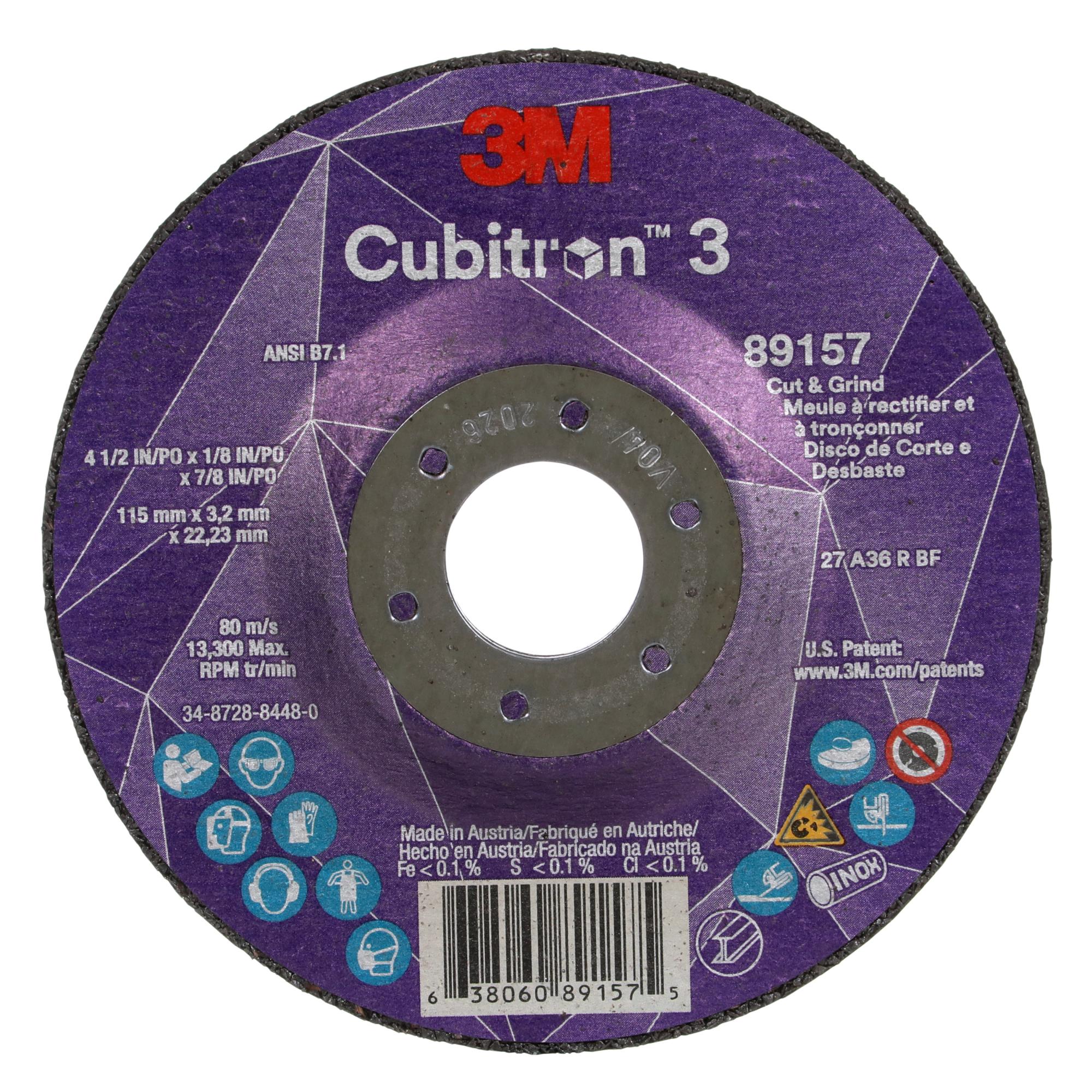 3M Cubitron 3 Cut and Grind Wheel, 89157, 36+, T27, 4-1/2 in x 1/8 inx 7/8 in