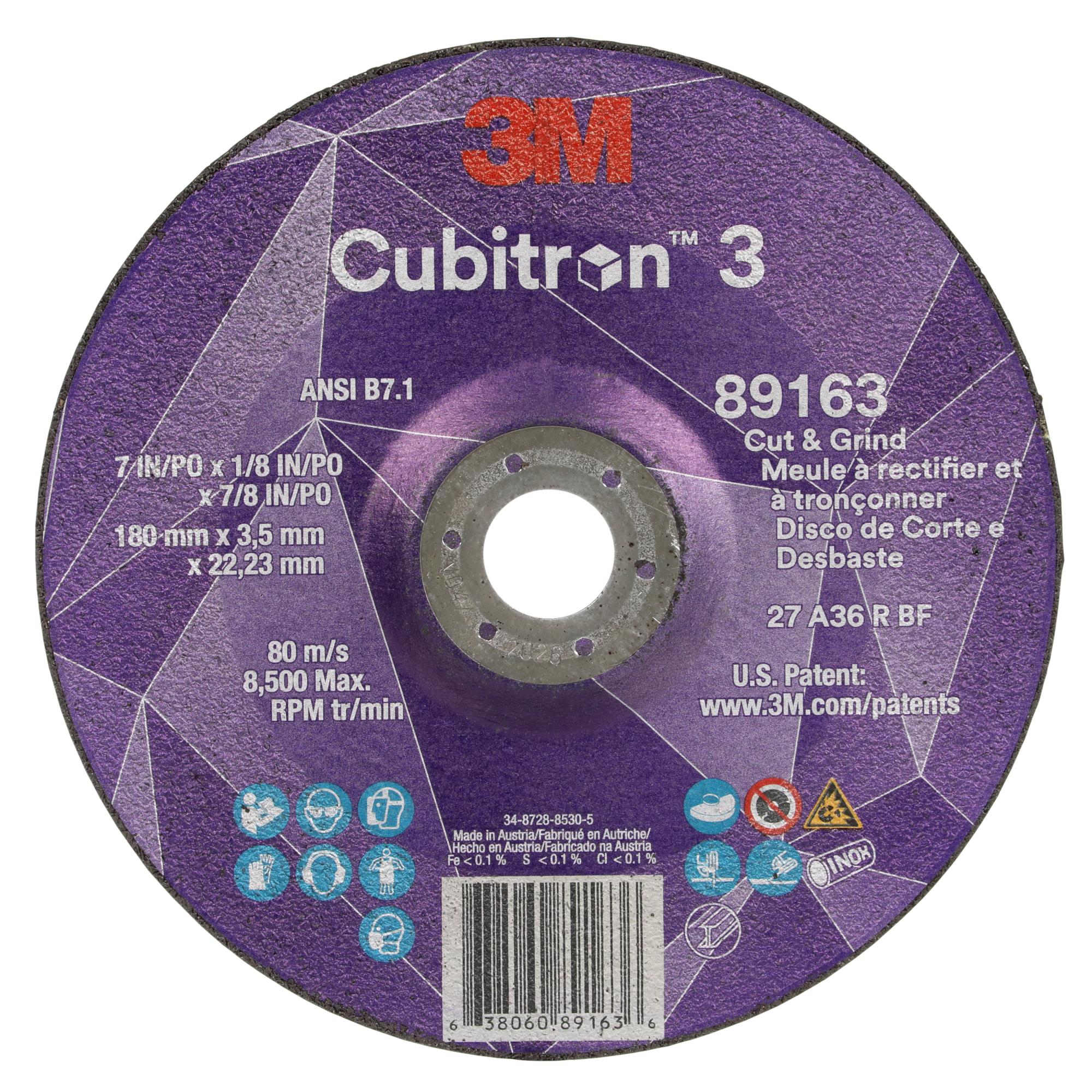 3M Cubitron 3 Cut and Grind Wheel, 89163, 36+, T27, 7 in x 1/8 in x7/8 in