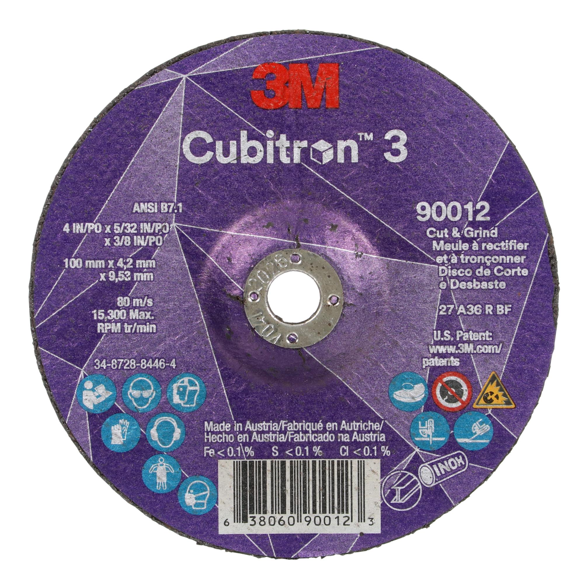 3M Cubitron 3 Cut and Grind Wheel, 90012, 36+, T27, 4 in x 5/32 in x3/8 in