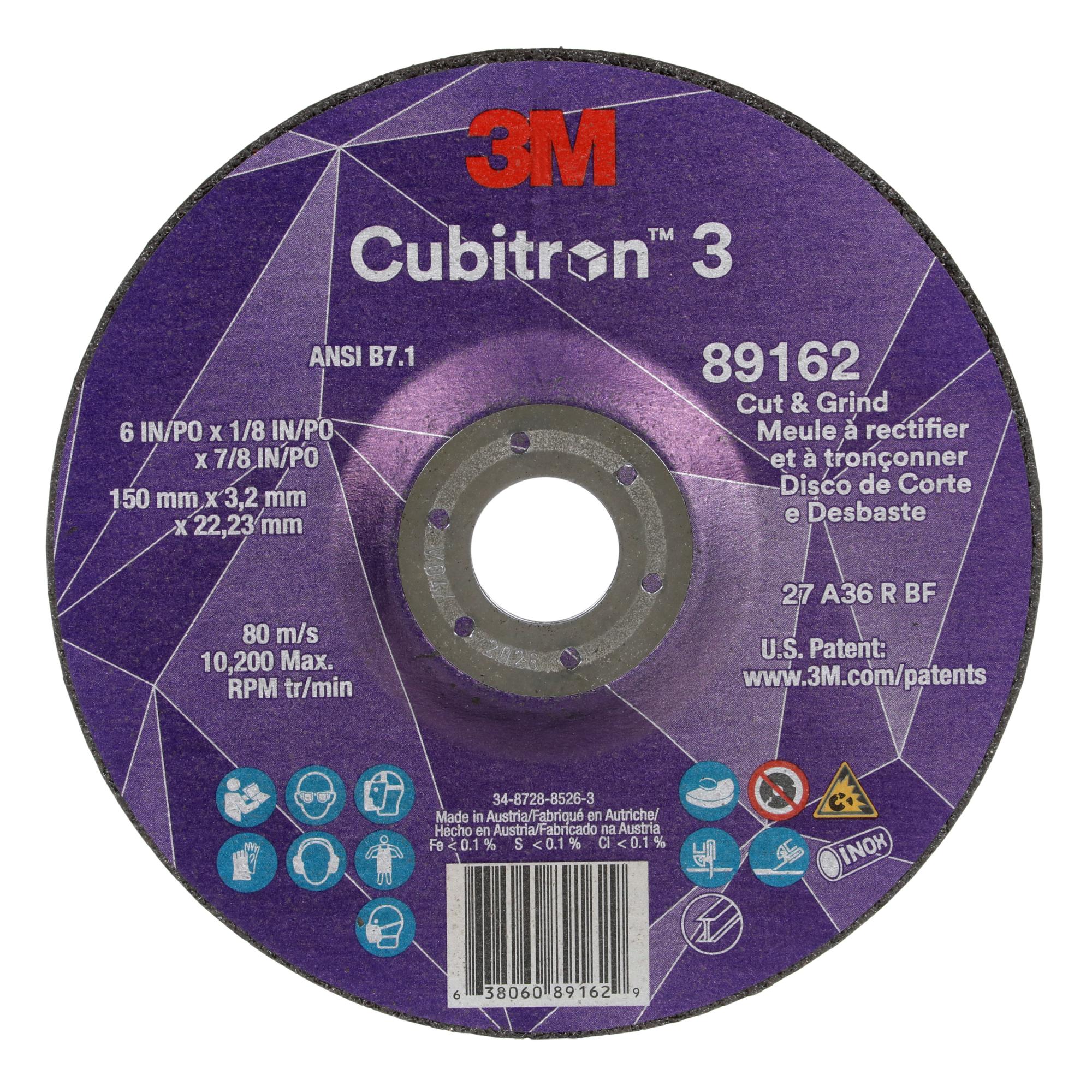 3M Cubitron 3 Cut and Grind Wheel, 89162, 36+, T27, 6 in x 1/8 in x7/8 in