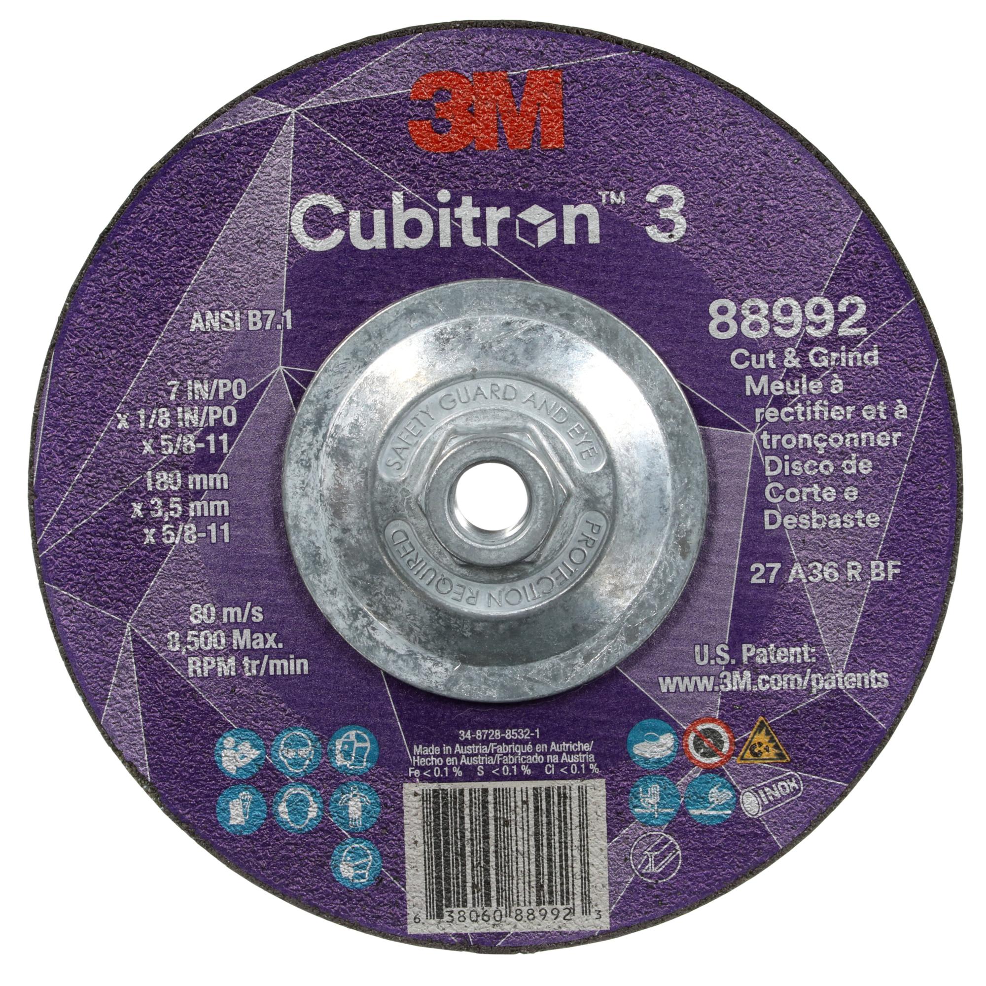 3M Cubitron 3 Cut and Grind Wheel, 88992, 36+, T27, 7 in x 1/8 in x5/8 in-11