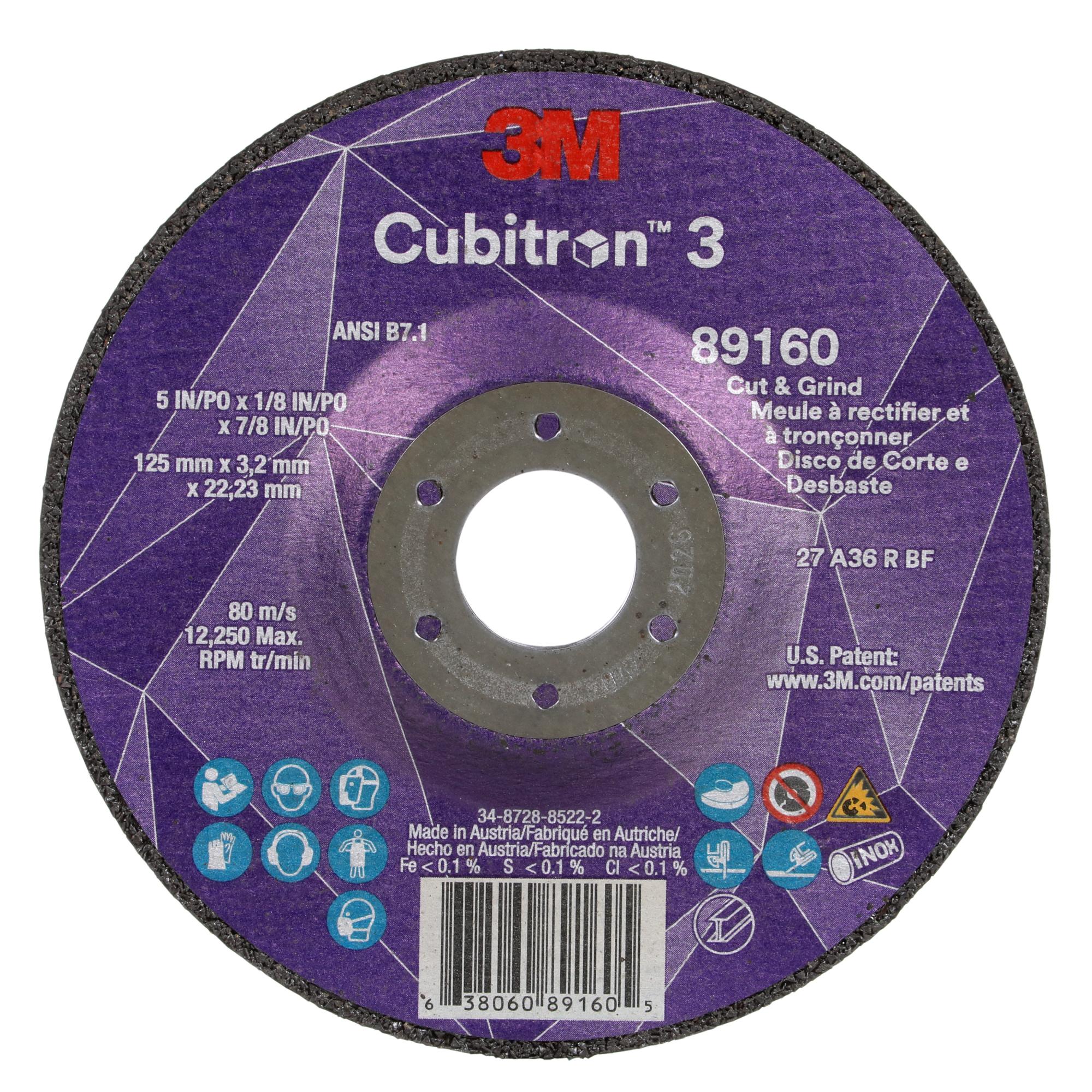 3M Cubitron 3 Cut and Grind Wheel, 89160, 36+, T27, 5 in x 1/8 in x7/8 in