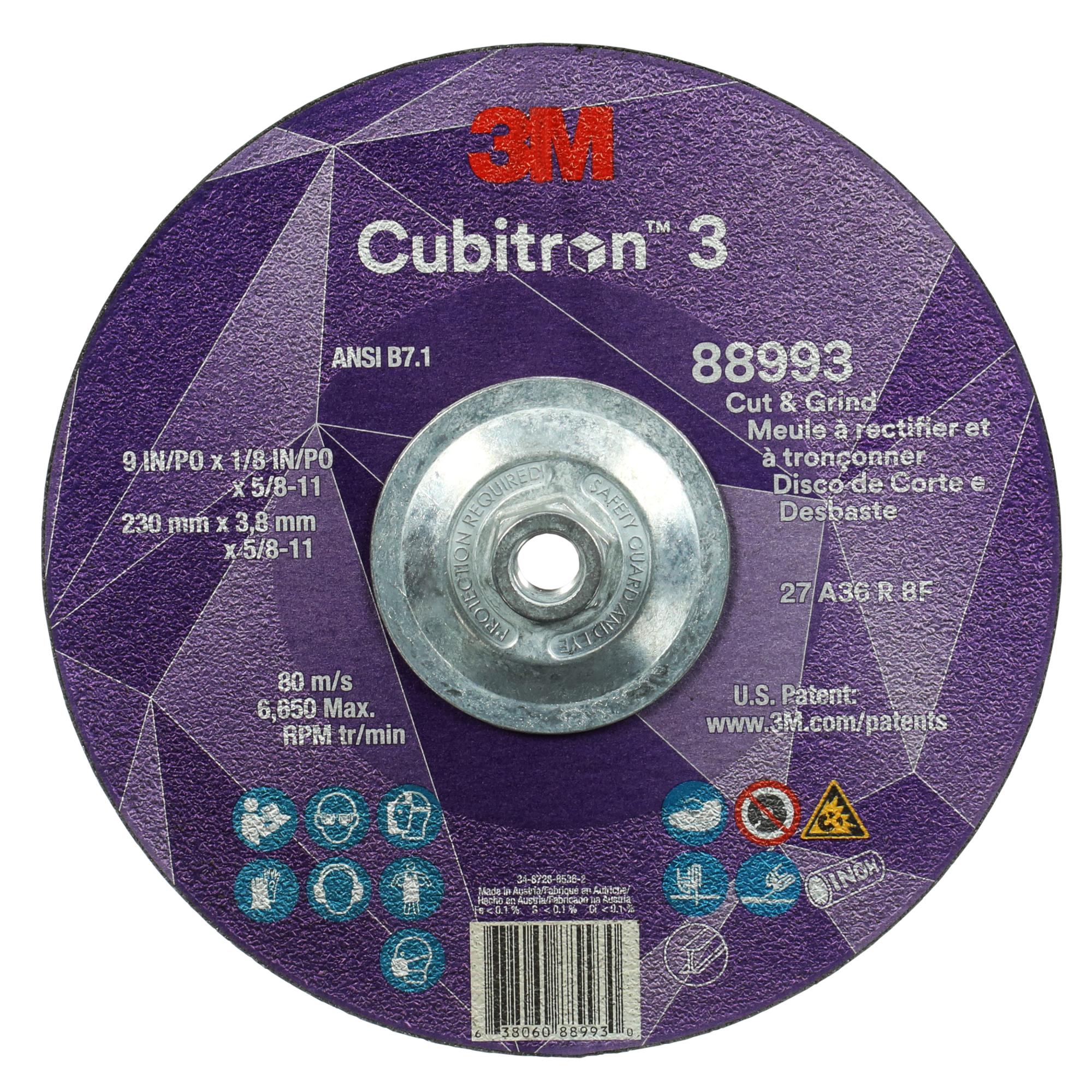 3M Cubitron 3 Cut and Grind Wheel, 88993, 36+, T27, 9 in x 1/8 in x5/8 in-11 Online now