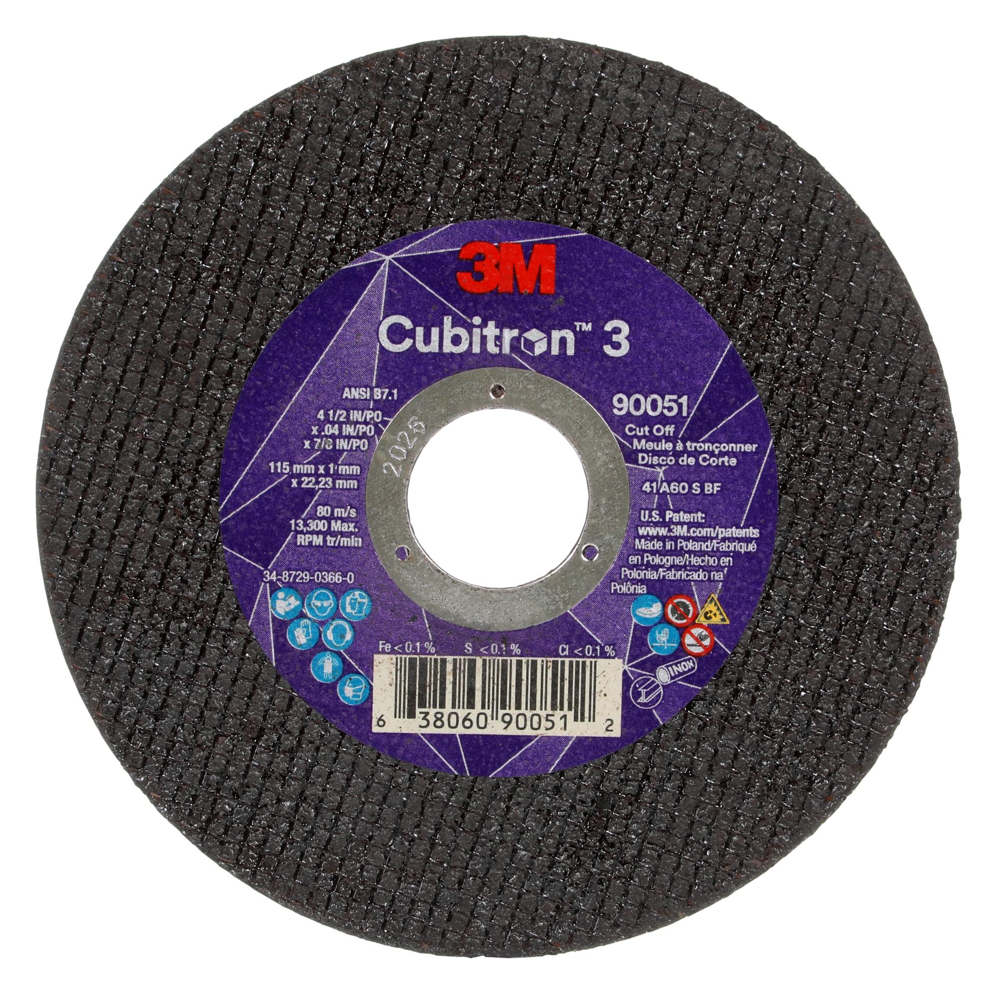 3M Cubitron 3 Cut-Off Wheel, 90051, 60+, T1, 4-1/2 in x 0.04 in x 7/8in