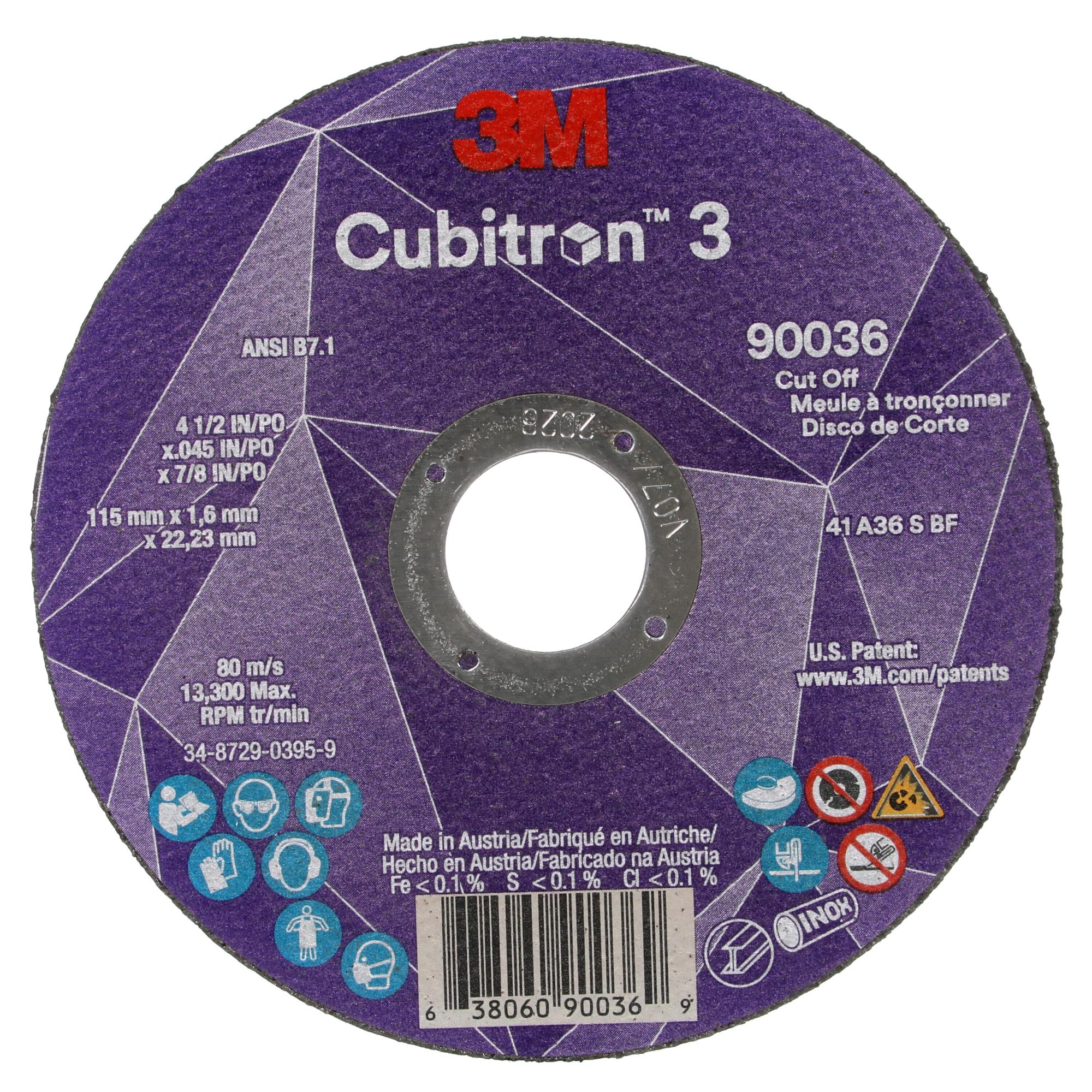 3M Cubitron 3 Cut-Off Wheel, 90036, 36+, T1, 4-1/2 in x 0.045 in x 7/8in
