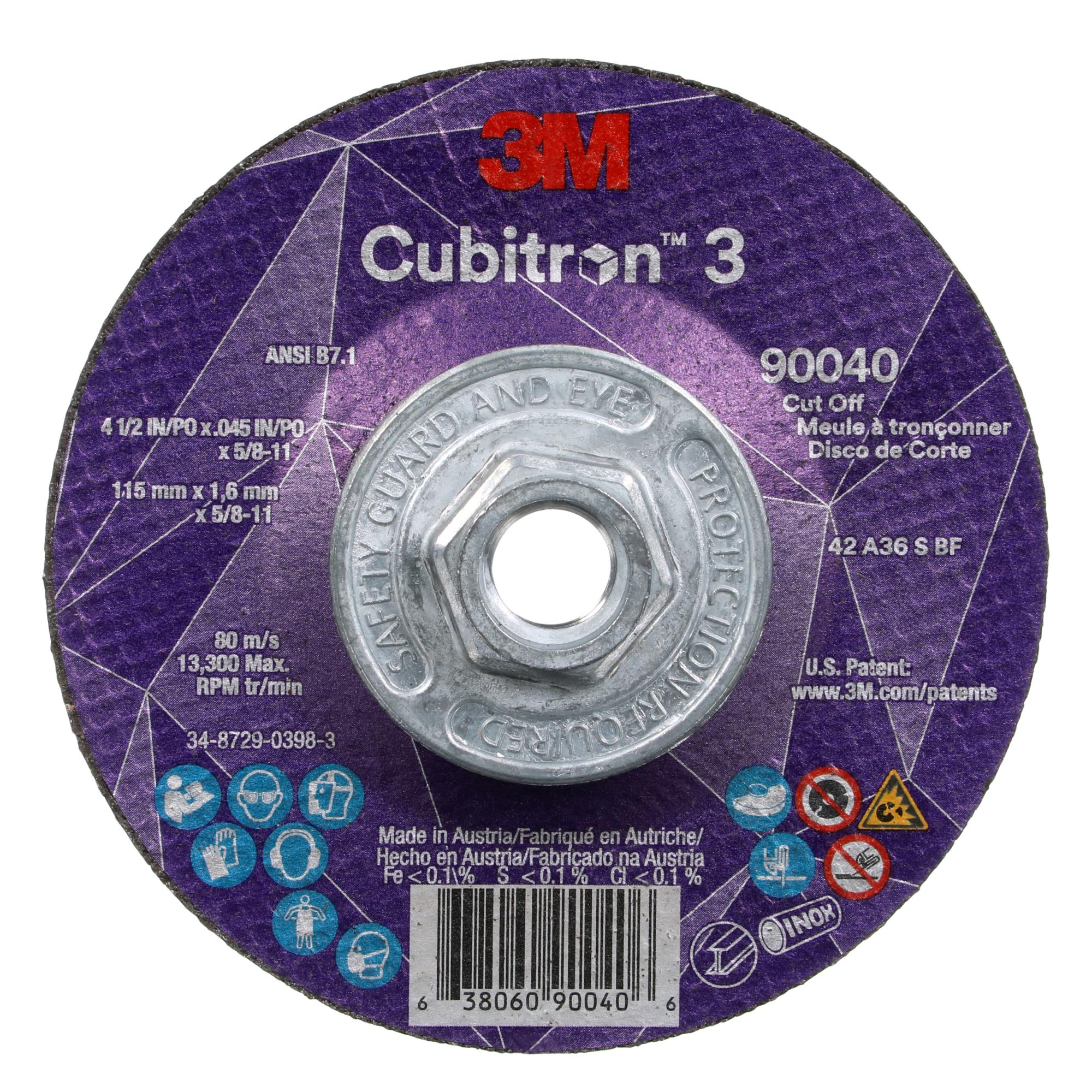 3M Cubitron 3 Cut-Off Wheel, 90040, 36+, T27, 4-1/2 in x 0.045 in x5/8 in-11