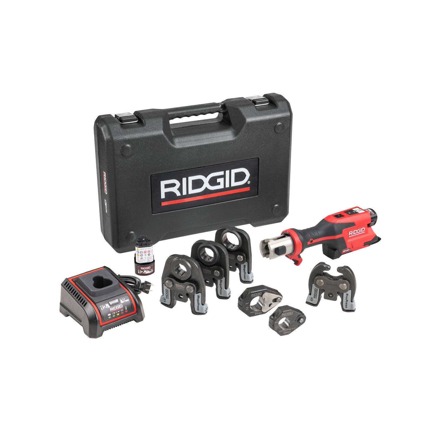 Ridgid 78228 RP 251 Press Tool Battery Kit (1/2″-1″) MegaPress Jaws and (1/2″-3/4″) Rings with C1 Actuator