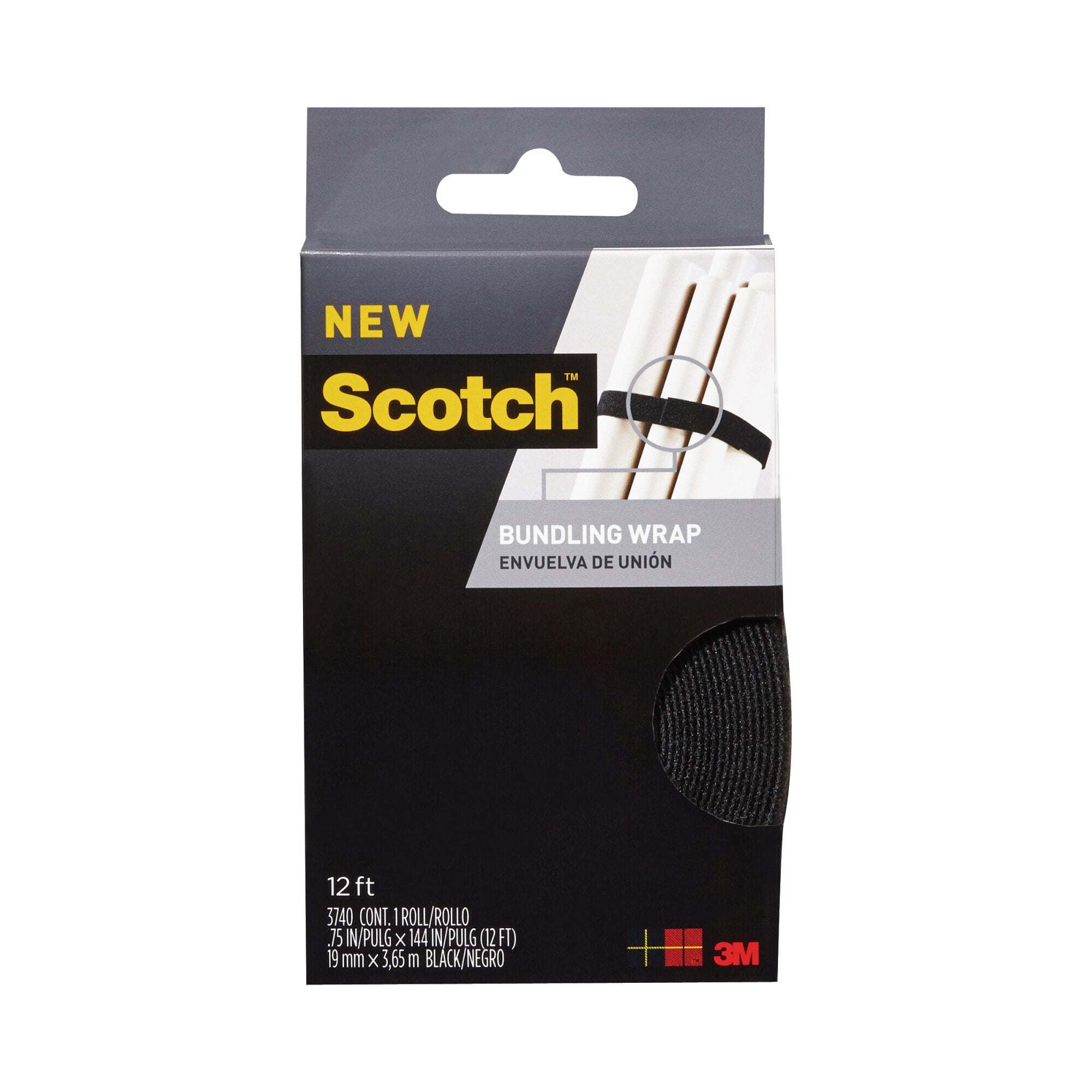 Scotch Bundling Wrap, RF3740, 0.75 in x 12 ft (19,0 mm x 3,6 m) Black Supply