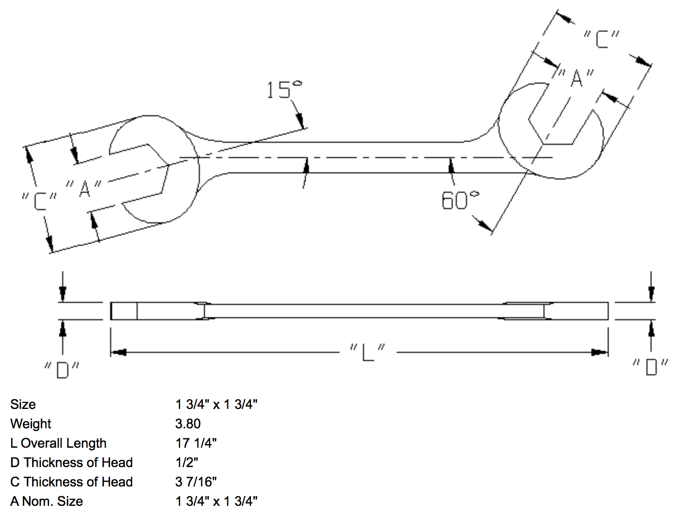 1-3/4″ x 1-3/4″ Open End Wrench Double Angle 15 & 60 Degree (1394WR)